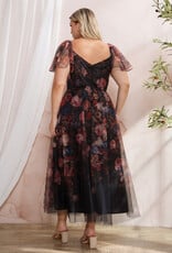 Soieblu Diana Midi Dress With Off the Shoulder Sleeve Detail in Black Floral