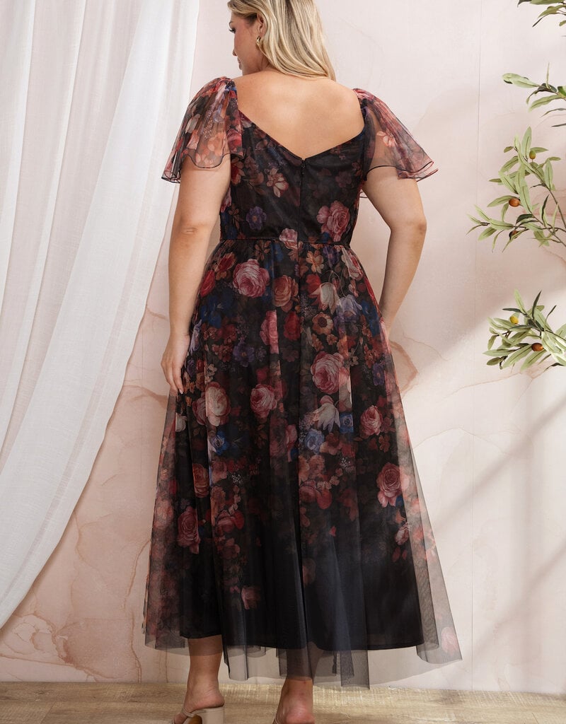 Soieblu Diana Midi Dress With Off the Shoulder Sleeve Detail in Black Floral