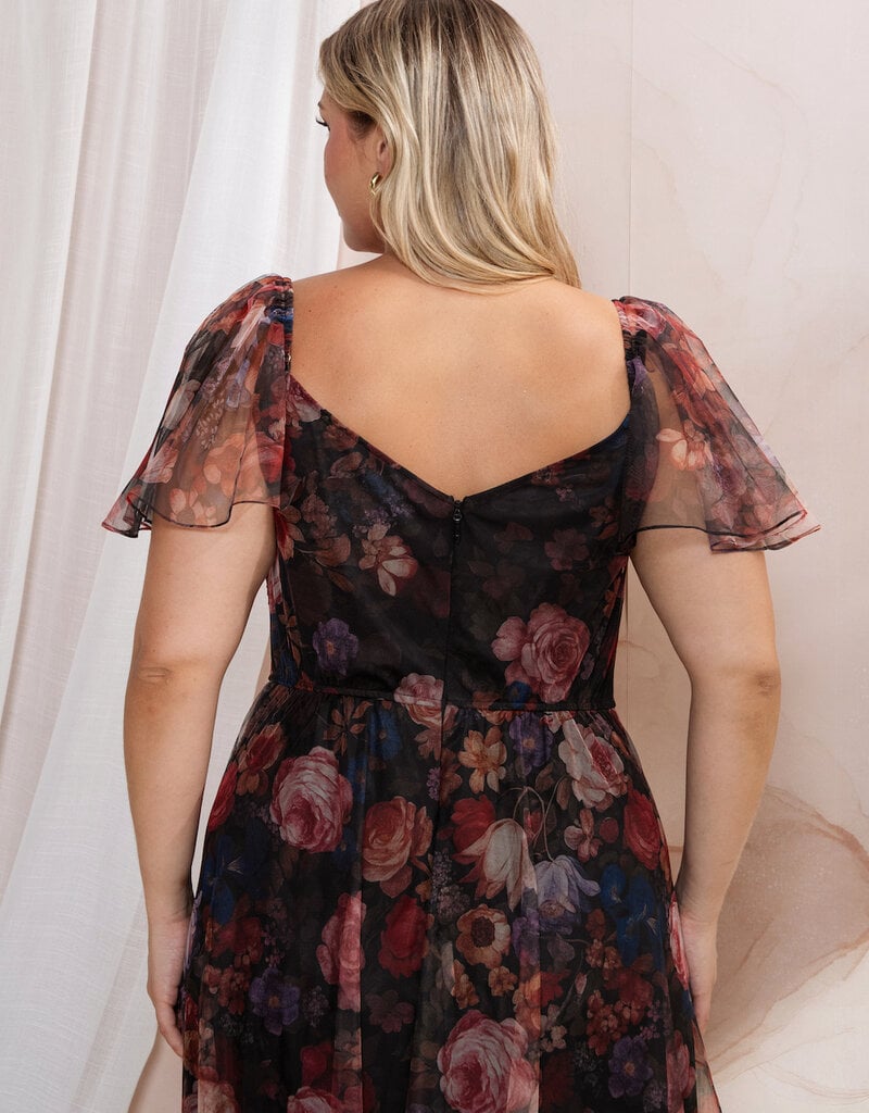 Soieblu Diana Midi Dress With Off the Shoulder Sleeve Detail in Black Floral