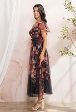 Soieblu Diana Midi Dress With Off the Shoulder Sleeve Detail in Black Floral