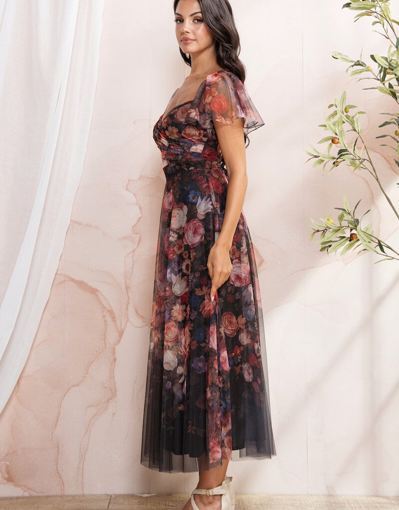 Soieblu Diana Midi Dress With Off the Shoulder Sleeve Detail in Black Floral