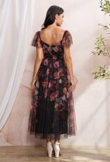 Soieblu Diana Midi Dress With Off the Shoulder Sleeve Detail in Black Floral