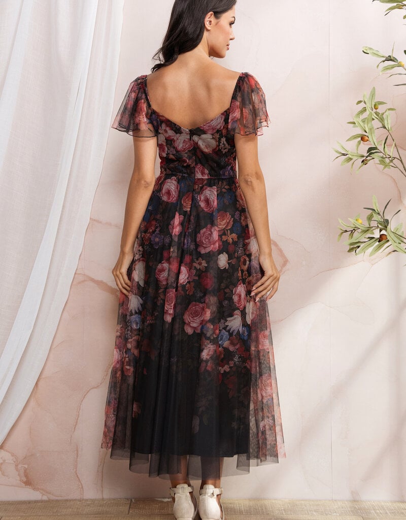 Soieblu Diana Midi Dress With Off the Shoulder Sleeve Detail in Black Floral