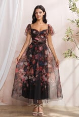 Soieblu Diana Midi Dress With Off the Shoulder Sleeve Detail in Black Floral