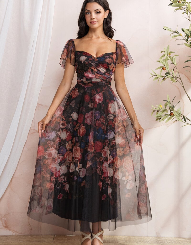 Soieblu Diana Midi Dress With Off the Shoulder Sleeve Detail in Black Floral