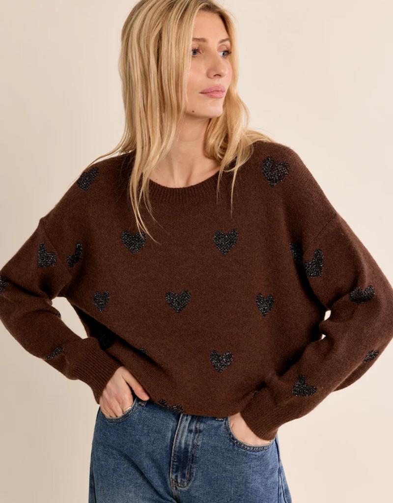 Molly Bracken Brandi Knit Heart Pullover in Chocolate