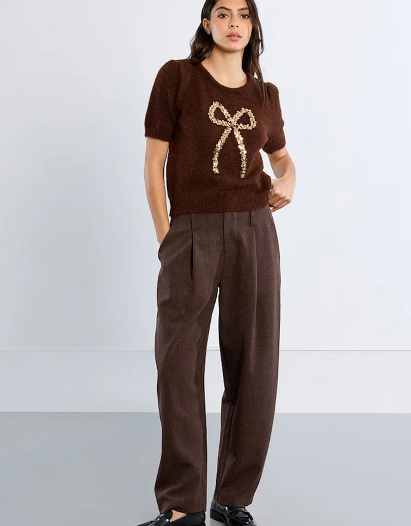 Molly Bracken Betti Sequin Bow Knit in Chocolate Brown