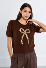 Molly Bracken Betti Sequin Bow Knit in Chocolate Brown