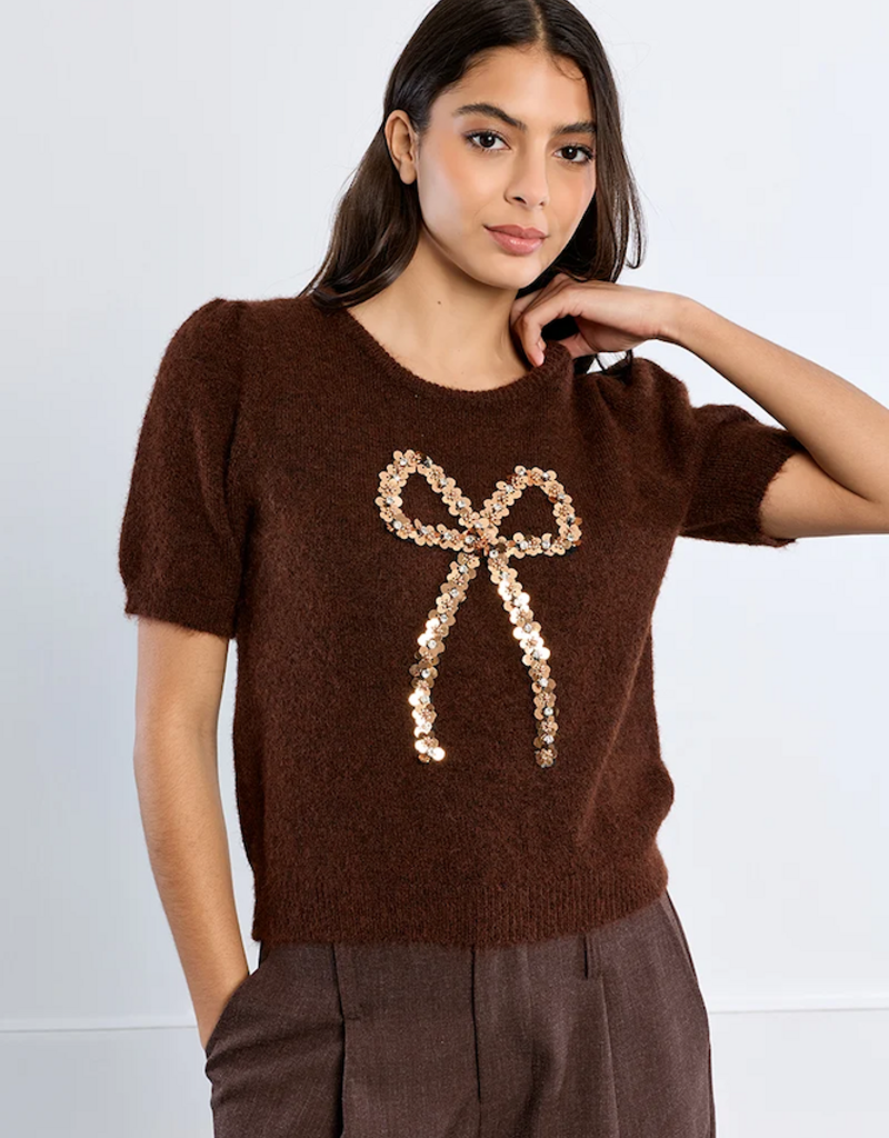Molly Bracken Betti Sequin Bow Knit in Chocolate Brown