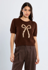 Molly Bracken Betti Sequin Bow Knit in Chocolate Brown