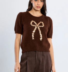 Molly Bracken Betti Sequin Bow Knit in Chocolate Brown