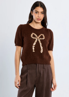 Molly Bracken Betti Sequin Bow Knit in Chocolate Brown