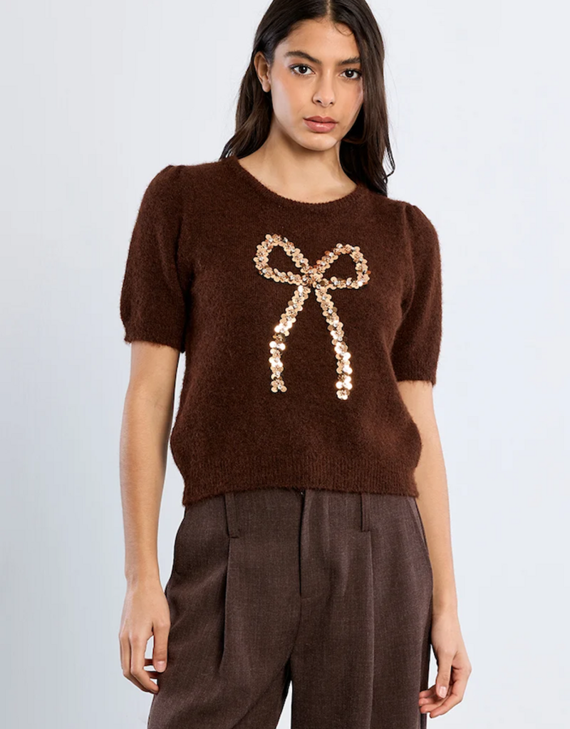 Molly Bracken Betti Sequin Bow Knit in Chocolate Brown