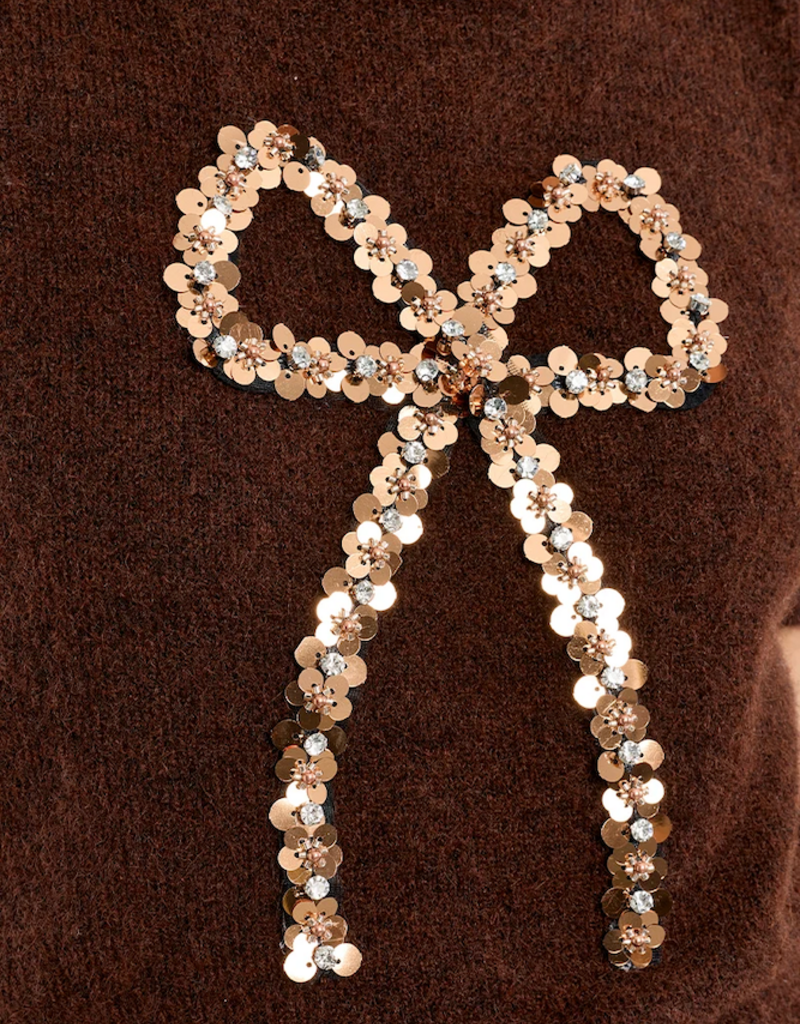 Molly Bracken Betti Sequin Bow Knit in Chocolate Brown
