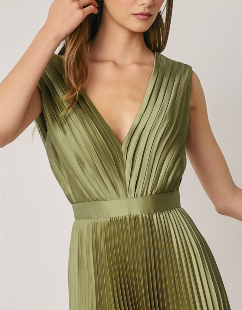 Dress Forum Hera Pleated Satin V-Neck Maxi Dress in Sage Olive