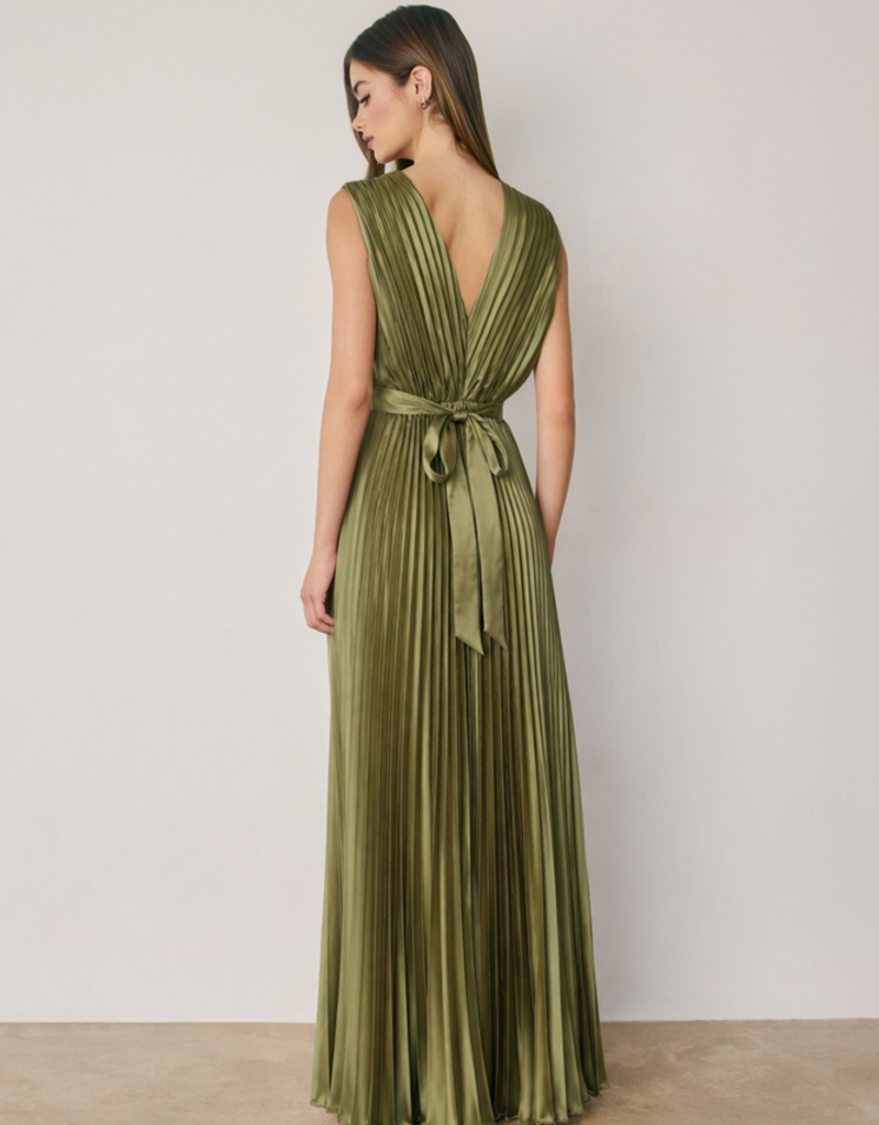 Dress Forum Hera Pleated Satin V-Neck Maxi Dress in Sage Olive
