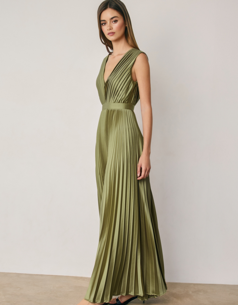 Dress Forum Hera Pleated Satin V-Neck Maxi Dress in Sage Olive