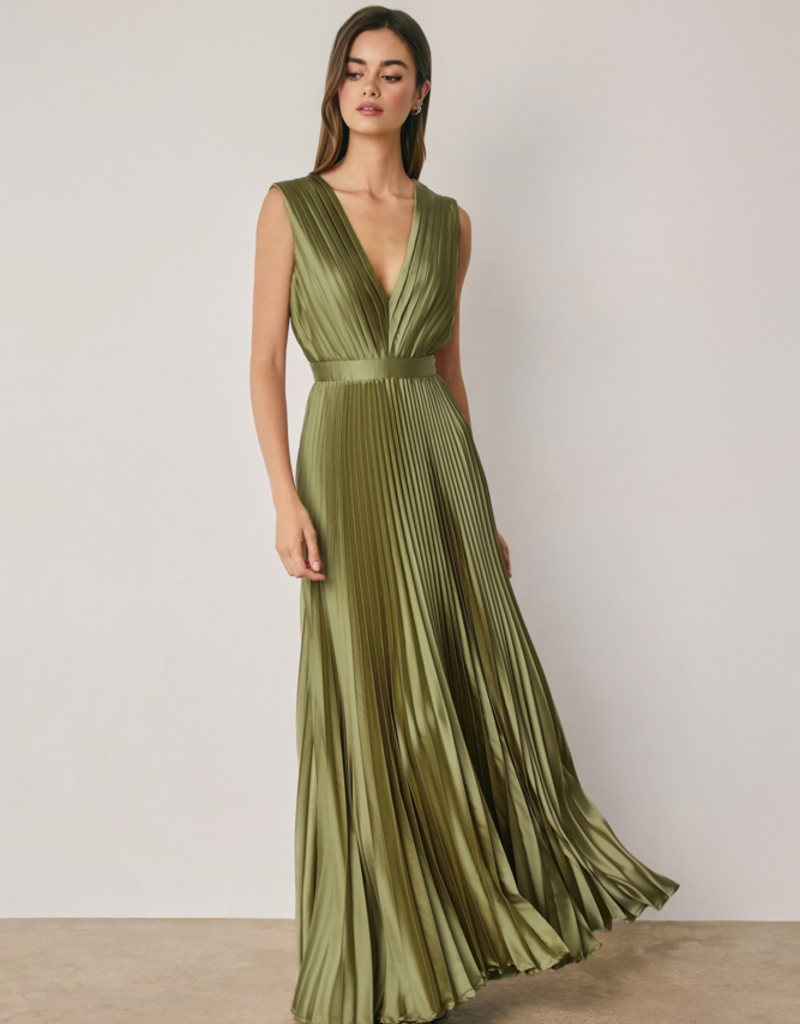 Dress Forum Hera Pleated Satin V-Neck Maxi Dress in Sage Olive