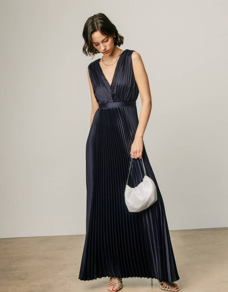 Dress Forum Hera Pleated Satin V-Neck Maxi Dress in Navy
