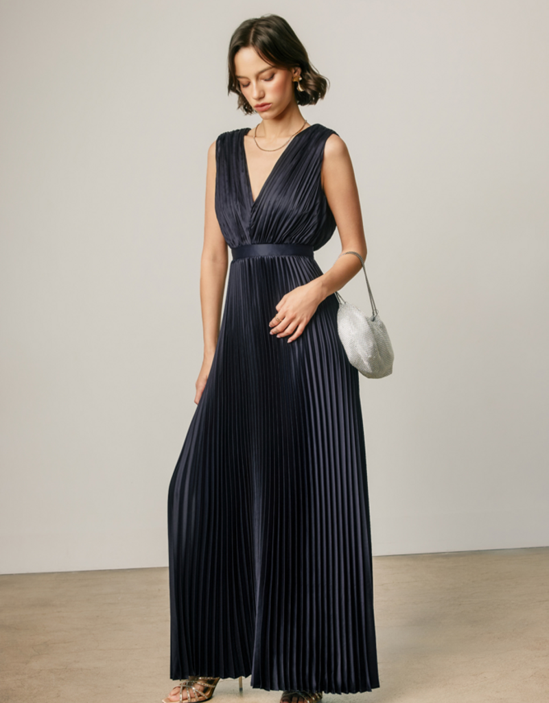 Dress Forum Hera Pleated Satin V-Neck Maxi Dress in Navy