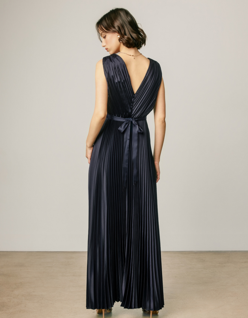 Dress Forum Hera Pleated Satin V-Neck Maxi Dress in Navy