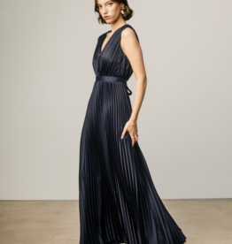 Dress Forum Hera Pleated Satin V-Neck Maxi Dress in Navy