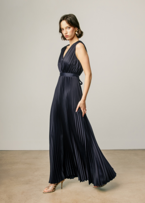 Dress Forum Hera Pleated Satin V-Neck Maxi Dress in Navy