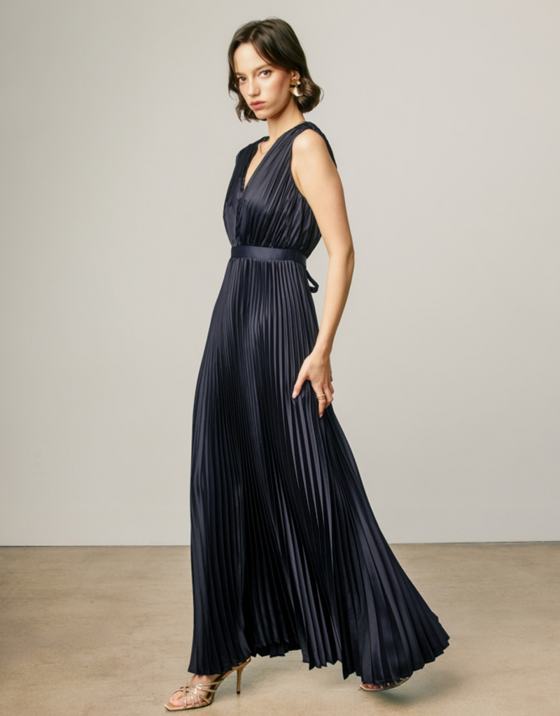 Dress Forum Hera Pleated Satin V-Neck Maxi Dress in Navy