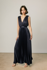 Dress Forum Hera Pleated Satin V-Neck Maxi Dress in Navy