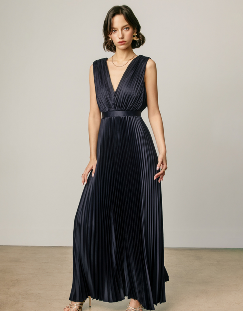 Dress Forum Hera Pleated Satin V-Neck Maxi Dress in Navy