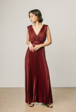 Dress Forum Hera Pleated Satin V-Neck Maxi Dress in Rum Raisin