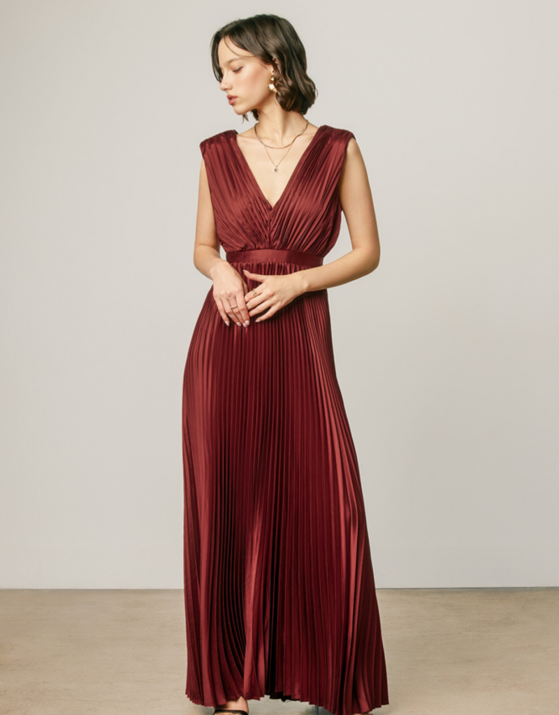 Dress Forum Hera Pleated Satin V-Neck Maxi Dress in Rum Raisin