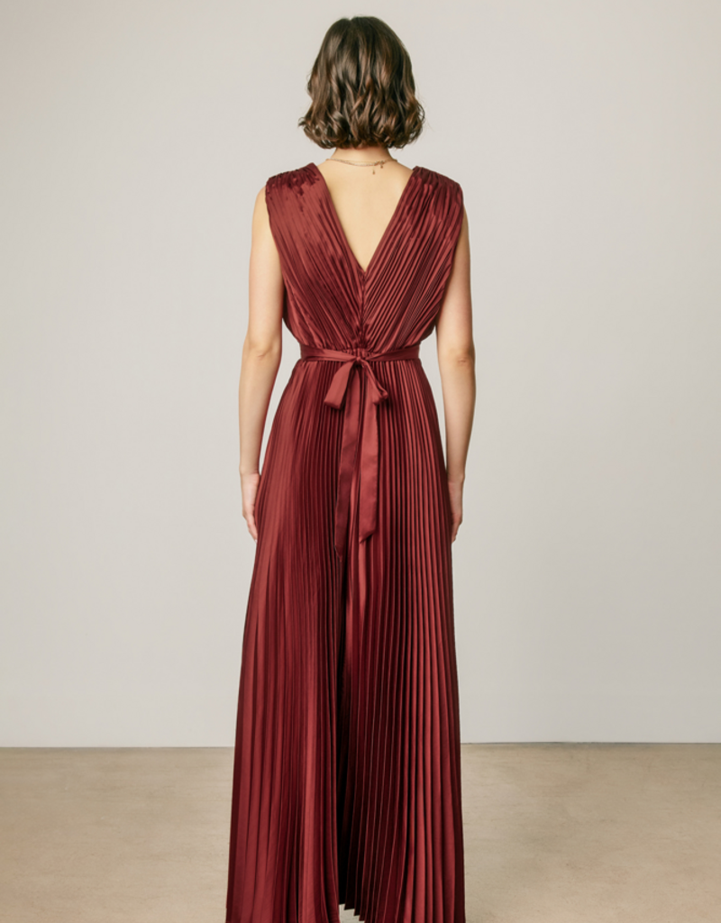 Dress Forum Hera Pleated Satin V-Neck Maxi Dress in Rum Raisin