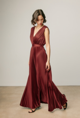 Dress Forum Hera Pleated Satin V-Neck Maxi Dress in Rum Raisin