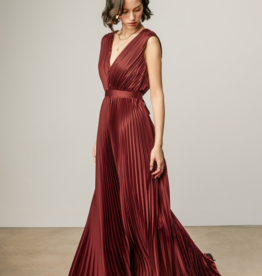 Dress Forum Hera Pleated Satin V-Neck Maxi Dress in Rum Raisin