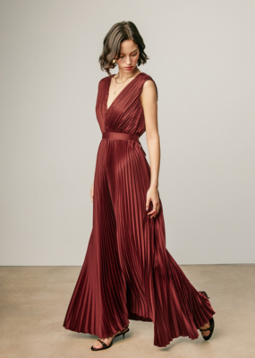 Dress Forum Hera Pleated Satin V-Neck Maxi Dress in Rum Raisin