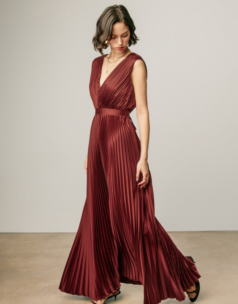 Dress Forum Hera Pleated Satin V-Neck Maxi Dress in Rum Raisin