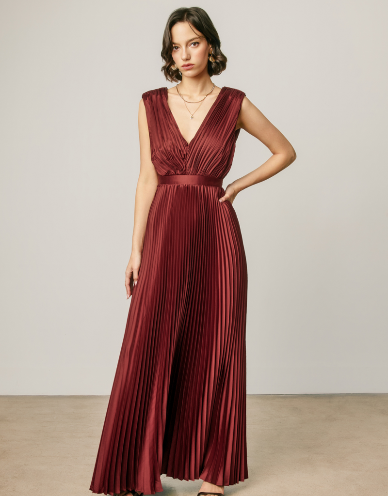 Dress Forum Hera Pleated Satin V-Neck Maxi Dress in Rum Raisin