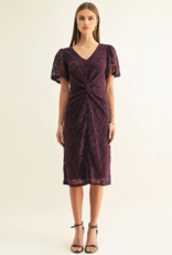 Adelyn Rae Olivia Twisted Front Flutter Sleeve Lace Midi Dress in Plum