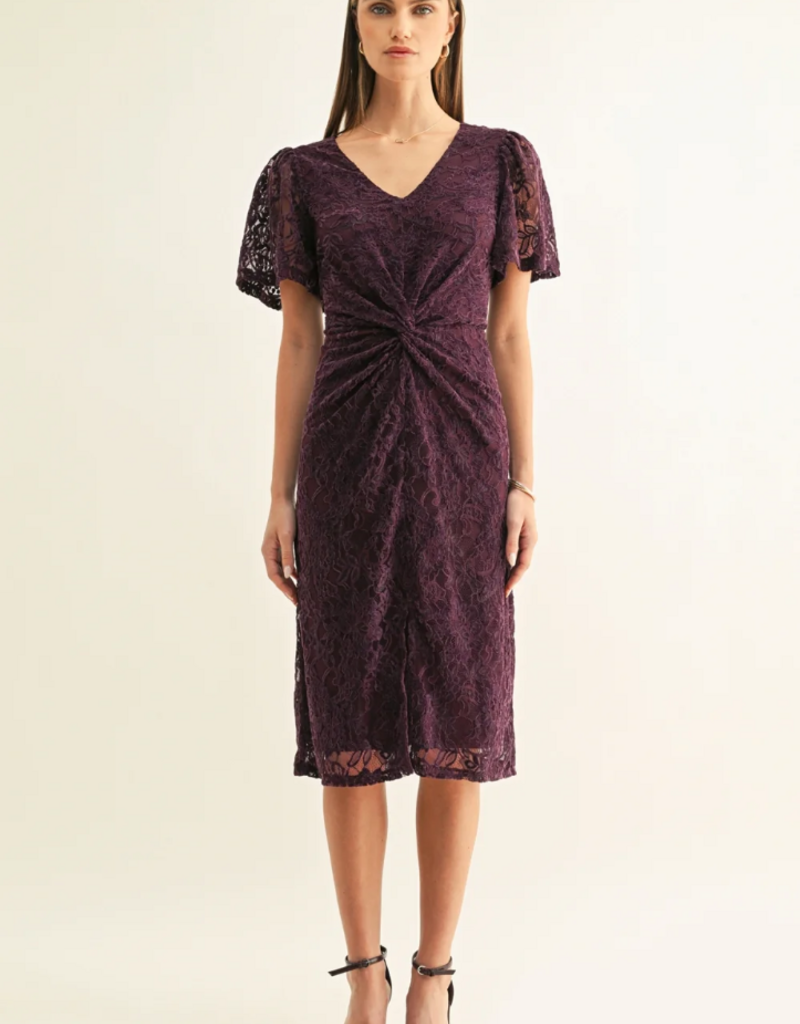 Adelyn Rae Olivia Twisted Front Flutter Sleeve Lace Midi Dress in Plum