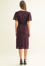 Adelyn Rae Olivia Twisted Front Flutter Sleeve Lace Midi Dress in Plum