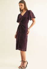 Adelyn Rae Olivia Twisted Front Flutter Sleeve Lace Midi Dress in Plum