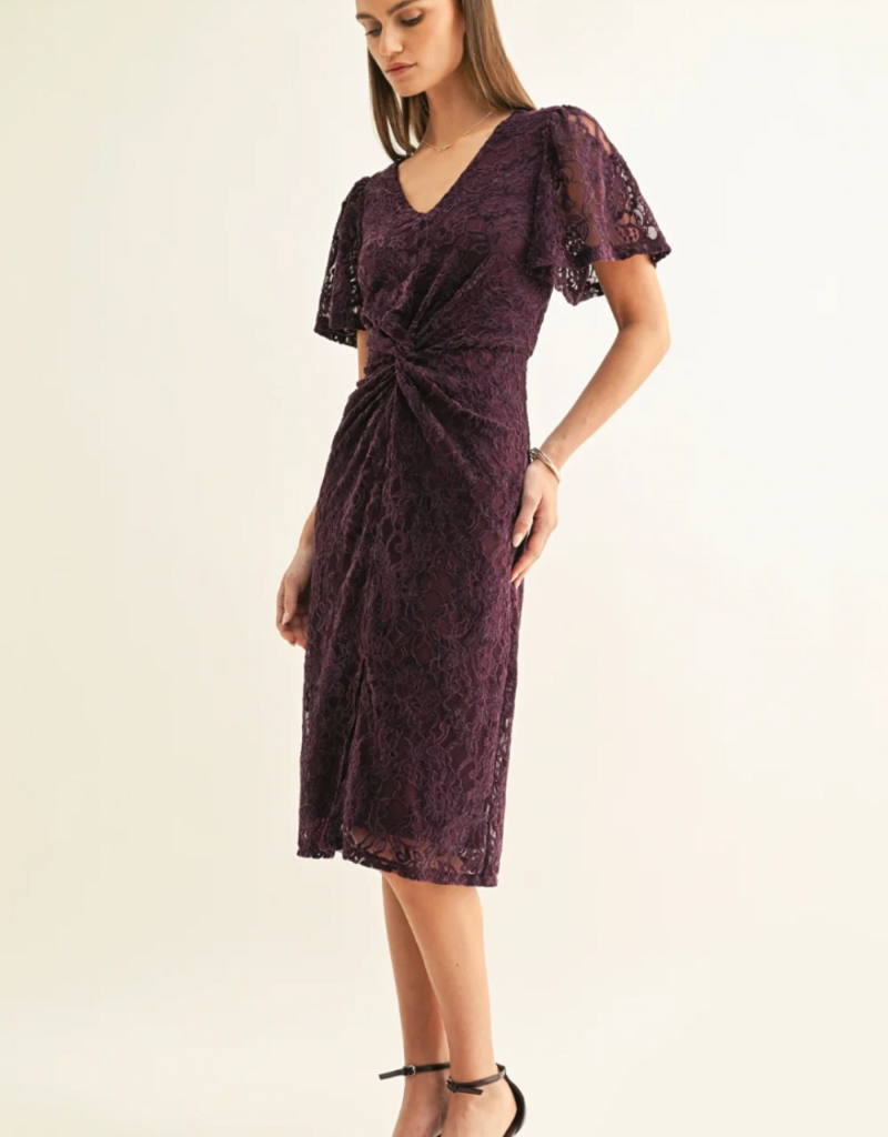 Adelyn Rae Olivia Twisted Front Flutter Sleeve Lace Midi Dress in Plum