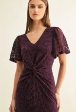 Adelyn Rae Olivia Twisted Front Flutter Sleeve Lace Midi Dress in Plum