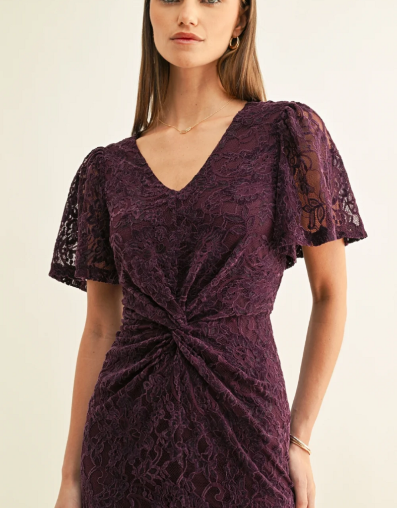 Adelyn Rae Olivia Twisted Front Flutter Sleeve Lace Midi Dress in Plum