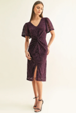 Adelyn Rae Olivia Twisted Front Flutter Sleeve Lace Midi Dress in Plum