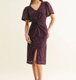 Adelyn Rae Olivia Twisted Front Flutter Sleeve Lace Midi Dress