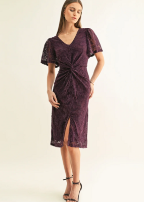 Adelyn Rae Olivia Twisted Front Flutter Sleeve Lace Midi Dress