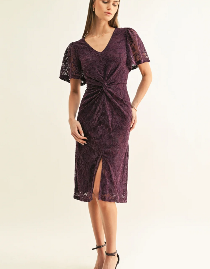 Adelyn Rae Olivia Twisted Front Flutter Sleeve Lace Midi Dress in Plum