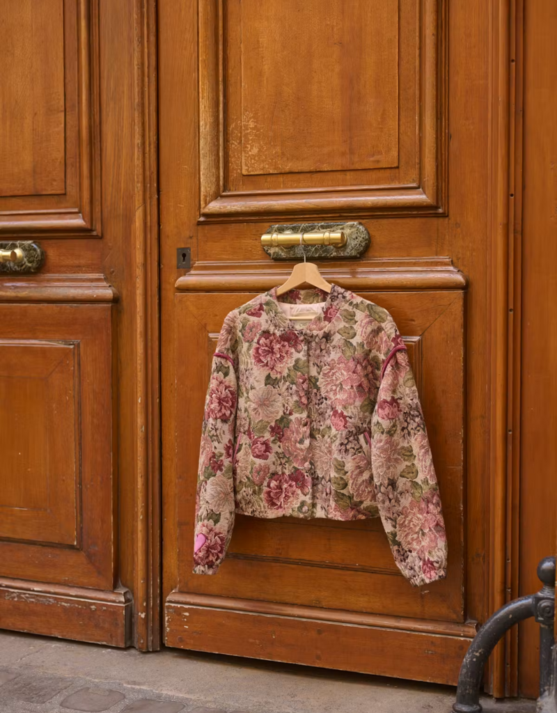 Cream Petuja Jacquard Snap-Button Up Jacket in Vintage Rose